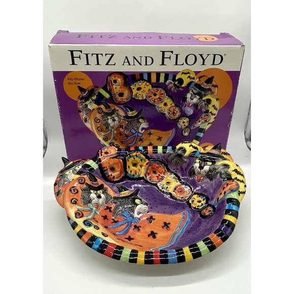 Fitz & Floyd Kitty Witches Bowl Halloween Treats Candy Dish Party Platter w Box - Picture 2 of 7